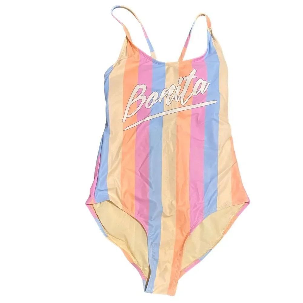 Pastal Rainbow Striped Barbie Soft Modest Fullpiece Bathingsuit Tie Back